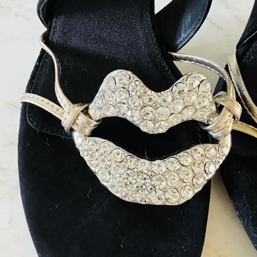 2019 GIAMBATTISTA VALLI x H&M Suede Black Crystal Lips Sandals Heels - EU 8/US 7